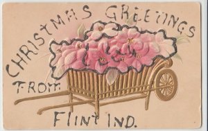 1907 FLINT Indiana Ind Postcard CHRISTMAS GREETINGS Flowers Wagon