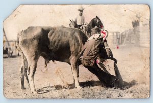 Havre Montana MT Postcard RPPC Photo Bulldogging Rodeo Calf c1910's Antique