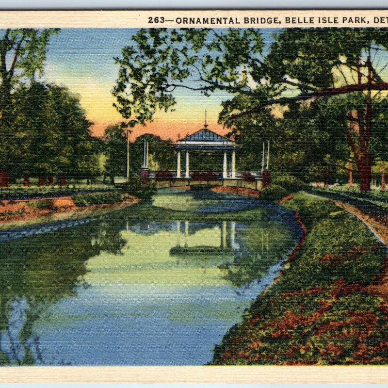 1936 Detroit MI Belle Isle Park Ornamental Bridge Gazebo Bench Empty Island A250