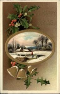 Embossed Christmas Holly Berries Lady on Bridge Winter Sc...
