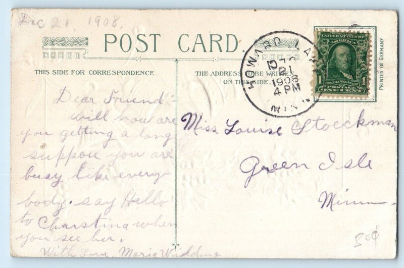 1908 Christmas Holly Berries And Ringing Bells Winsch Back Embossed Postcard