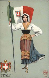 ITALY Beautfiul Woman w Italian Flag METROPOLITAN NEWS Heraldic Postcard
