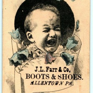 c1870s Allentown PA JL Farr Co Shoes & Boots Hand Colored Trade Card Cry Baby C8