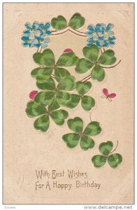 With Best Wishes For A Happy Birthday, Shamrocks, Violets, Lady Bugs and butt...