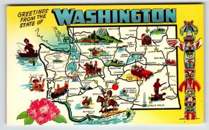 Postcard Greetings From Washington Map Chrome State Totem Pole Fly Fishing Horse