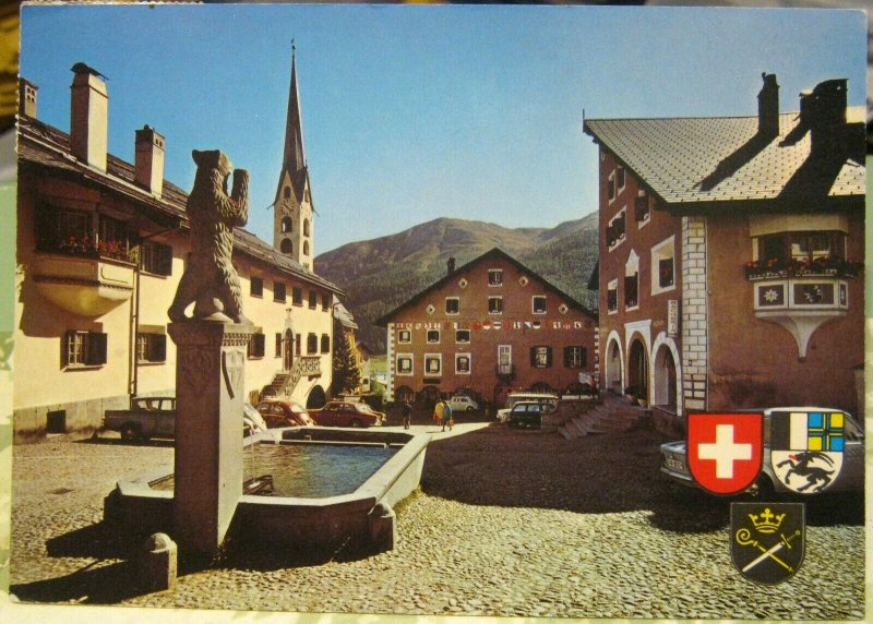 Austria Zuoz Dorfplatz mit Plantahaus und Crusch Alva - posted 1988