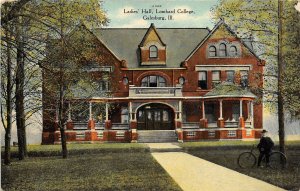 Galesburg Illinois 1910 Postcard Ladies Hall Lombard College Man on Bicycle