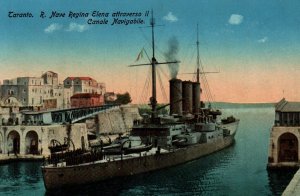 Postcard Italian Royal Navy Battleship Regina Elena in Canal