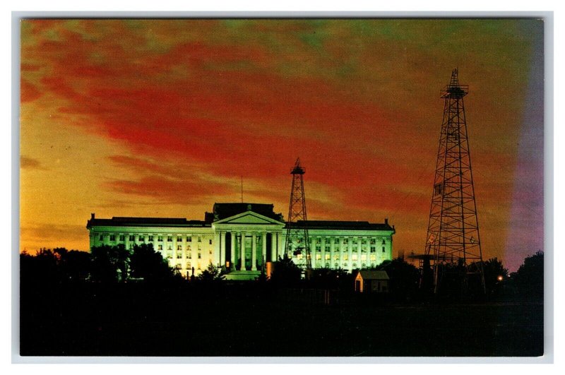 State Capitol and Oil Wells Sunset Oklahoma City OK UNP Chrome Postcard R24
