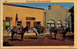 Wood Carriers Burros Donkeys J Grobels Mexico Postcard Lollesgard UNP Linen