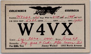 1937 QSL Radio Card Code W4VX Columbus Georgia Amateur Station Posted Postcard