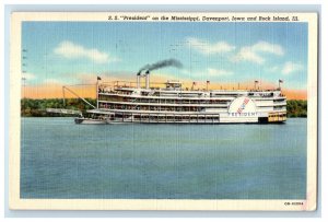 1942 Steamship President on Mississippi Davenport Iowa and Illinois Postcard 