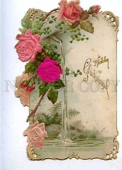 184785 SILK Roses Flowes Vintage EMBOSSED Vignette card