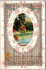 Landscape Lake Inside The Flower Oval Bordered  Birthday Wishes Postcard