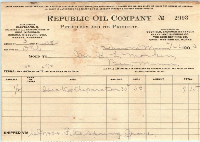 1903 Republic Oil Company Receipt Letterhead Petroleum Products Antique Paper R1