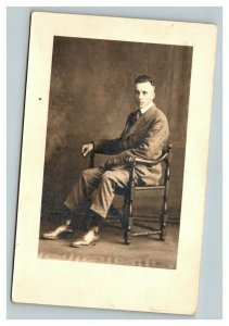 Vintage 1910's RPPC Postcard - Studio Portrait Well Dressed Man Sitting in Chair
