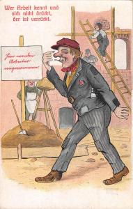 us373 drunk man with bottle in pocket comic  no work today germany