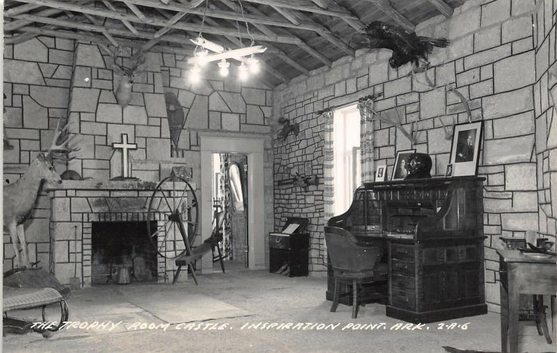 Inspiration Point Arkansas~Castle Trophy Room~Big Buck~Rolltop Desk~1950s RPPC 