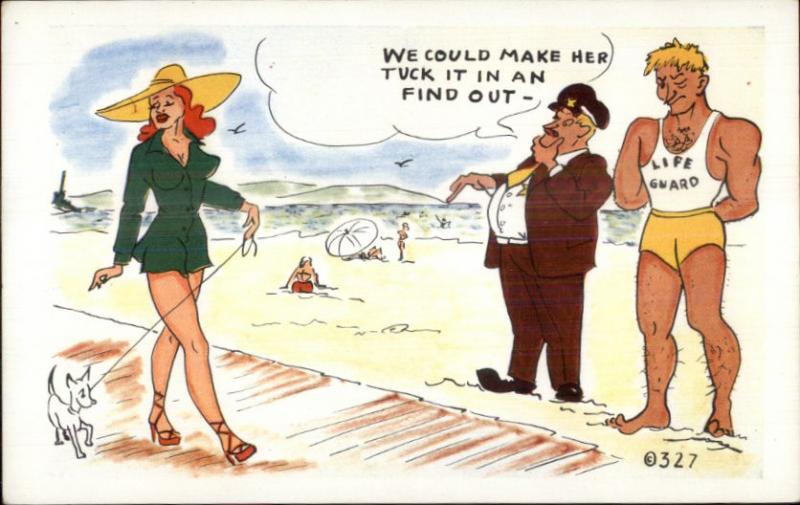 Sexy Woman Walking Dog Perverts Life Guard Ogle 1950s Comic Postcard