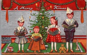 Merry Christmas Postcard Four Children Wearing Paper Hats Singing Songs, Toys