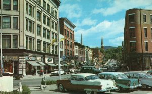 Vintage Postcard 1962 Busy Shopping Center Stores Main Street Rutland Vermont VT