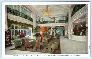 CHICAGO, IL Illinois ~ Roadside HOTEL ATLANTIC Spacious Lobby c1920s Postcard