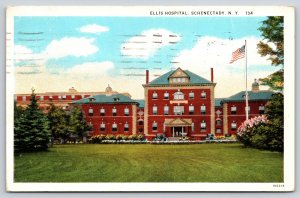 Schenectady New York~Ellis Hospital Exterior View~US Flag~PM 1927~Vintage PC
