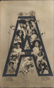 Large Letter A Beautiful Women Famous Actresses Vintage RPPC Postcard