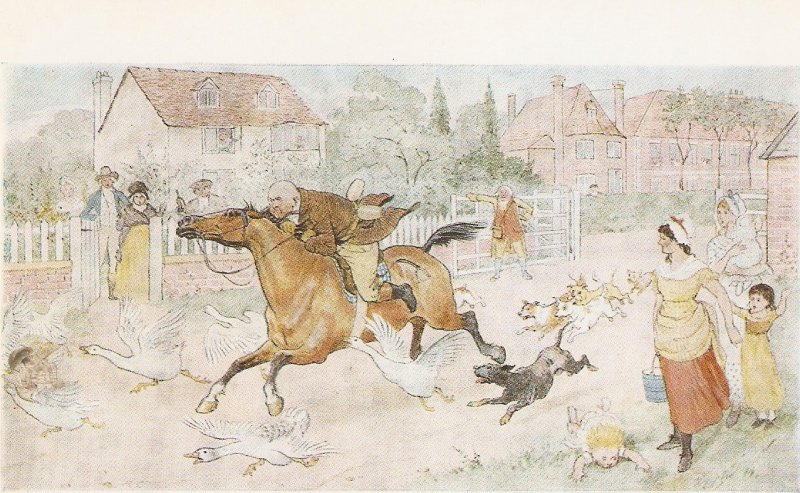 C.Caldecott. Horse with rider running in village Modern English PC. Continenta