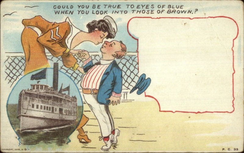 Large Tall Woman Bends to Kiss Small Man - Steamship c1910 Postcard