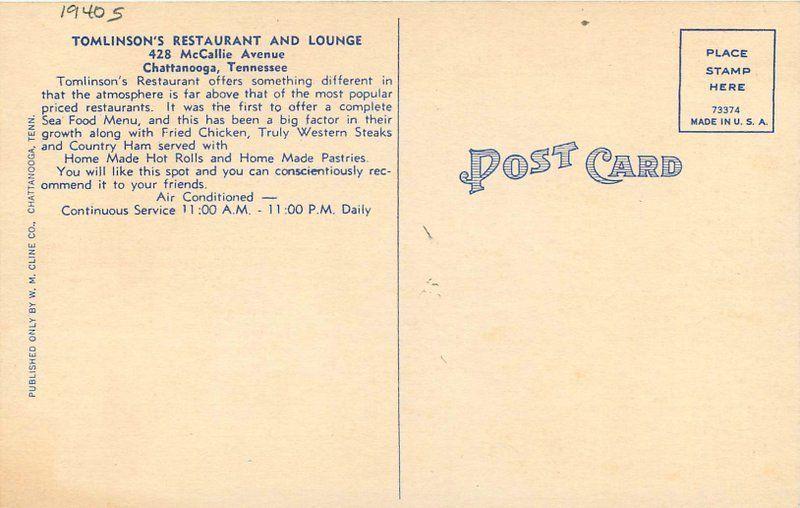 Chattanooga Tennessee 1940s Tomlinson Restaurant Lounge Postcard 11488 