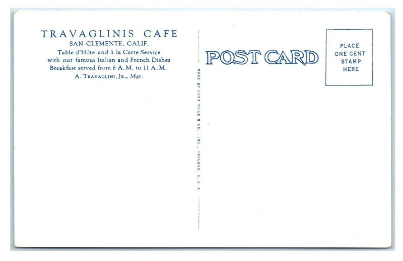 SAN CLEMENTE, CA California ~ Roadside TRAVAGLINI'S CAFE  c1920s  Postcard