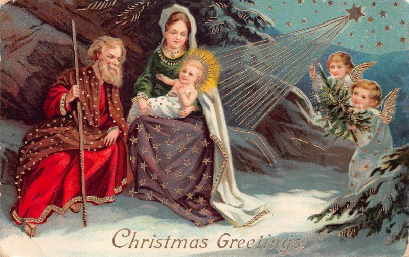 CHRISTMAS HOLIDAY NATIVITY SCENE GEL-COATED POSTCARD (c. 1909)