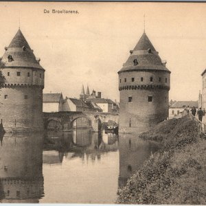 c1910s Kortrijk Belgium De Broeltorens Medieval Towers Bridge River Leie Thill