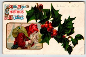 Christmas Postcard Santa Claus Toys Holly Leaves Embossed 1909 Series P Vintage