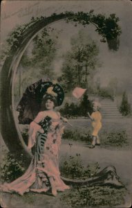 B578 Alphabet letter C fantasy glamor beauty lady holding umbrella 1900s