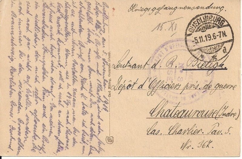 WWI POW Postcard, German Officer - French Prisoner of War Camp 1919 Quedlinburg