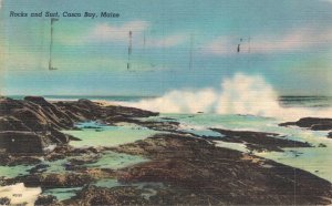 USA Rocks and Surf Casco Bay Maine Linen Postcard 07.30