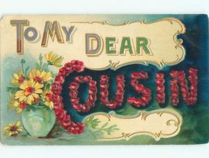 Pre-Linen LANGUAGE OF FLOWERS - DEAR COUSIN - SPELLED IN FLOWERS J3562