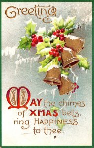 Merry Christmas With Young Gold Bells and Holly 1910