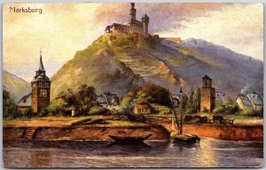 Braubach Germany DE, Marksburg Castle, Hilltop, River, Boats, Vintage Postcard