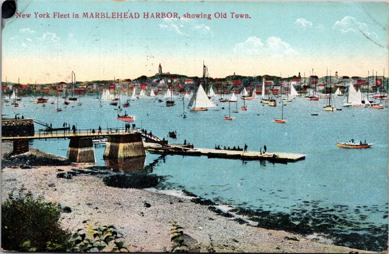 Postcard MA Marblehead Harbor New York Fleet showing Old town