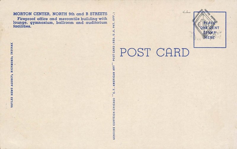Morton Center Richmond Indiana 1940s linen postcard