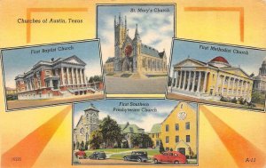 AUSTIN, Texas TX  CHURCHES First Baptist~Methodist~St Mary's+  ca1940's Postcard