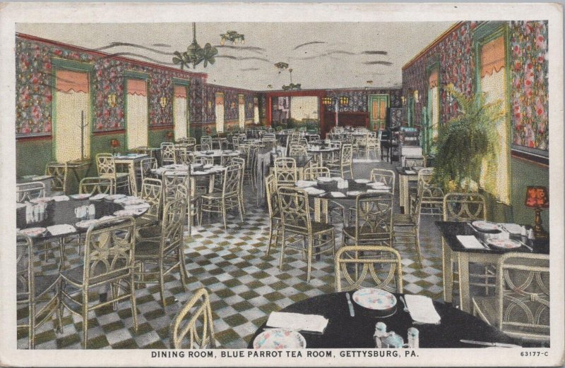 Postcard Dining Room Blue Parrot Tea Too, Gettysburg PA 1940