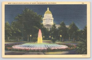 Linen~West View of State Capitol At Night Sacramento California~Vintage Postcard