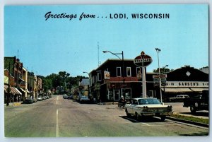 c1950's Greetings From Lodi Street Classic Car Wisconsin Correspondence Postcard