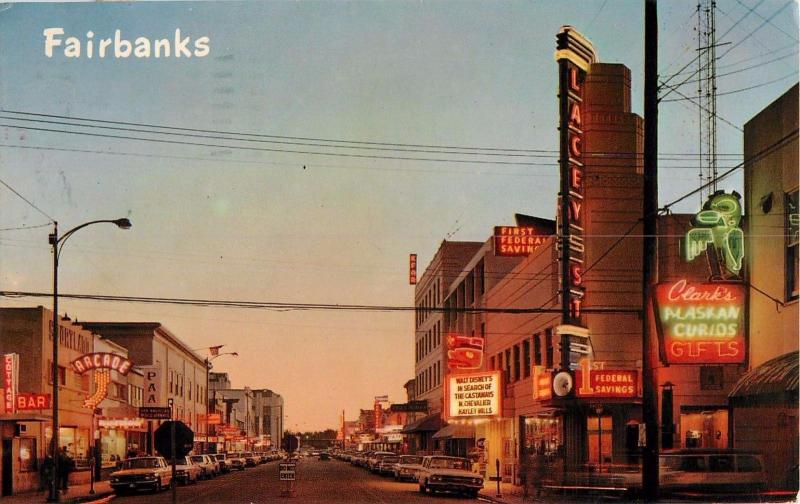 1950 Neon Second Ave FAIRBANKS ALASKA Nordale Hotel Lacey Theater Postcard 1968