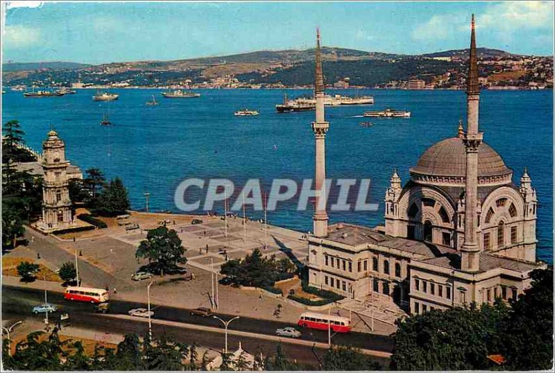 Postcard Modern Istanbul Turkey The Mosque of the Bosphorus boat and Dolmabahre