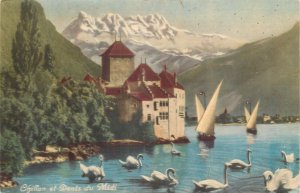 Switzerland navigation & sailing topic postcard Chillon swans sailing vessel